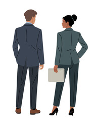 Minimalist flat illustration of two business professionals seen from behind, symbolizing teamwork, leadership, and modern corporate collaboration.