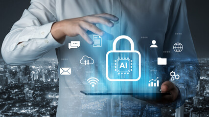 Explore the intersection of artificial intelligence and cybersecurity in a modern cityscape, showcasing digital symbols and protective measures for data integrity. Gantry