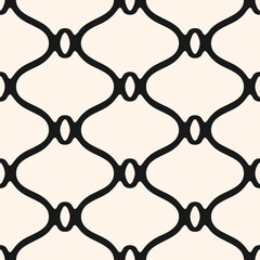 Curved lattice pattern. Elegant vector seamless texture with mesh, grid, net, smooth lines. Black and white ornament in oriental style. Simple monochrome geometric background. Repeated all-over design