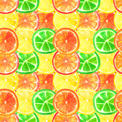 A seamless watercolor pattern with round citrus fruit slices. A bright, juicy orange background for summer.