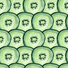 A seamless watercolor pattern with round kiwi slices. A bright green summer fruit background.