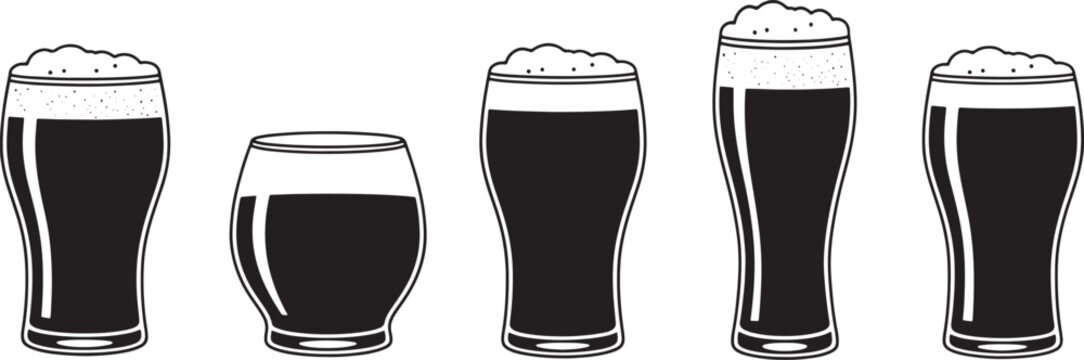 Set of beer glass and pint silhouettes with foam, hand drawn line art of craft beer glasses for bar menu design, restaurant branding and brewery icons.