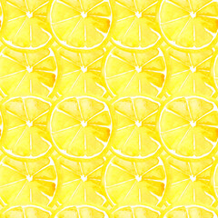 A seamless watercolor pattern with round citrus fruit slices. A bright, juicy, lemon-yellow summer background.