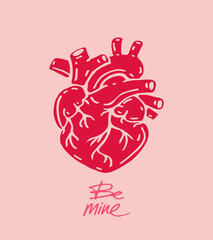 Anatomical heart vector illustration with handwritten be mine text, romantic valentines design, flat style, love symbol on pink background.