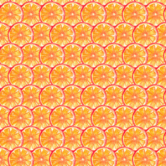 A seamless pattern with watercolor orange slices. A geometric summer citrus fruit print.