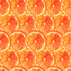 A seamless pattern with watercolor orange slices. A geometric summer citrus fruit print.