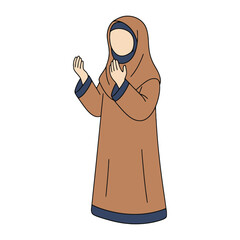 Woman in traditional Islamic clothing with hands raised in prayer or greeting