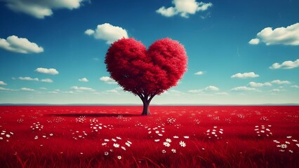 A heart-shaped tree stands majestically in a vibrant red field under a serene blue sky