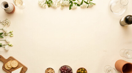 Elegant Qingming festival background with creamy copyspace background framed by floral offerings. Soft spring design background with space for text