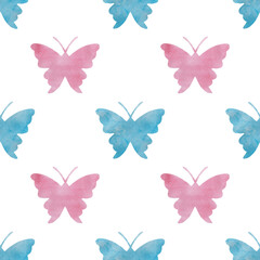 Seamless pattern with blue and pink watercolor butterflies.