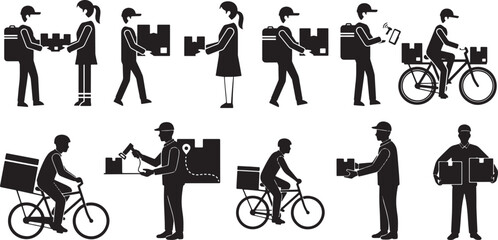 Vector silhouette icon set of delivery courier action poses showing riding bike carrying box scanning package and handing over parcel for shipping and logistics illustration