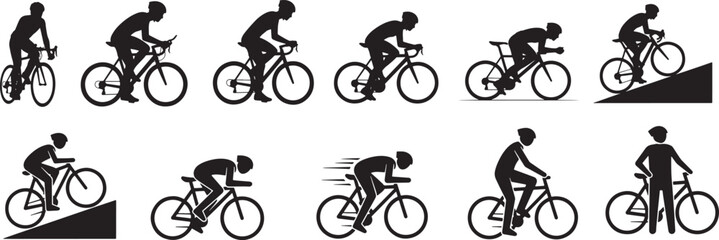 Vector silhouette icon set of cyclist action poses showing uphill riding sprinting standing on pedals braking and resting cycling motion illustration