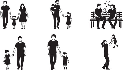 Vector silhouette icon set of family daily activity poses showing walking together sitting talking holding hands and playing with child parent and kids illustration