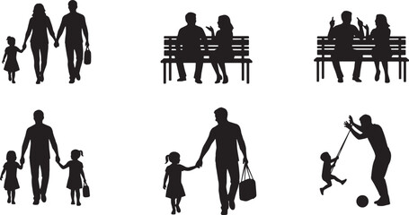 Vector silhouette icon set of family daily activity poses showing walking together sitting talking holding hands and playing with child parent and kids illustration