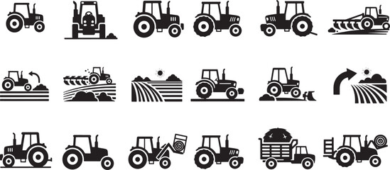 Minimal vector silhouette icon set of farm tractor actions including parked moving plowing turning and loading agricultural machinery workflow illustration