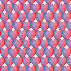 Seamless pattern with red and blue watercolor hearts. Valentine's Day, birthday, and wedding background.
