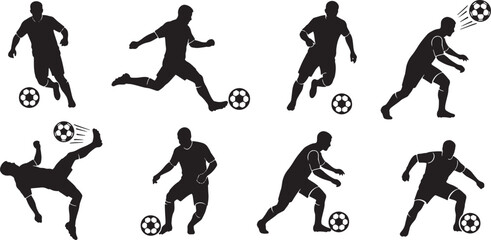 Vector silhouette icon set of football soccer player action poses showing kicking ball running dribbling passing and shooting goal scoring motion illustration