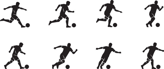 Vector silhouette icon set of football soccer player action poses showing kicking ball running dribbling passing and shooting goal scoring motion illustration