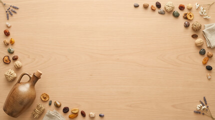 Organic Qingming festival background with wooden copyspace background framed by natural elements. Warm spring design background with space for text