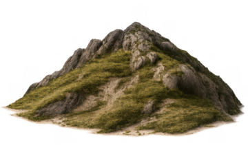 Isolated mountain peak or hill with rocks and green grass, transparent background for design elements