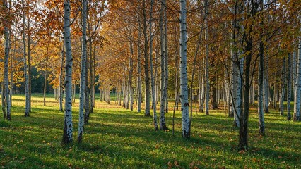 A forest of birch trees during autumn with golden leaves and a lush green ground.