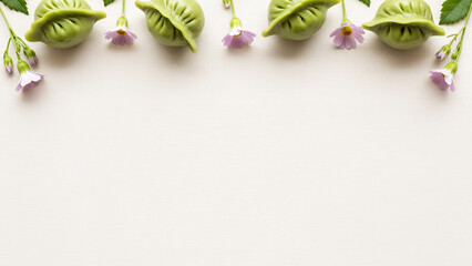 Purple floral border featuring Qingming festival background with green dumplings, spring holiday horizontal frame with copy space