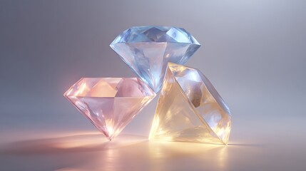 Three sparkling diamonds stacked on top of each other in a triangular formation with warm lighting and a soft gray background with luxury and precious stones