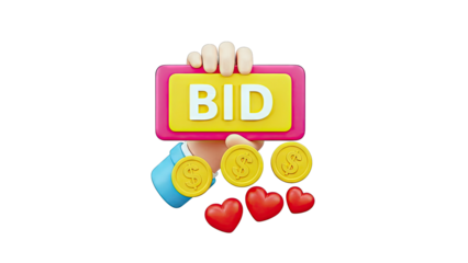 3D Cartoon Hand Holding "BID" Sign with Coins and Hearts