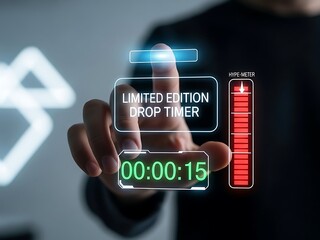 Hand touching digital display of limited edition drop timer and hype-meter with countdown