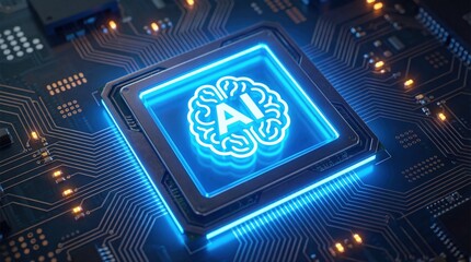 Digital Brain Icon Glowing on a Central Processing Unit with Intricate Gold Circuitry Background
