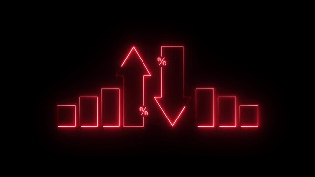 glowing red neon arrow and bar. The upward arrow with a percentage symbol indicates profit or high growth. The downward arrow with a percentage symbol indicates a decline or loss.