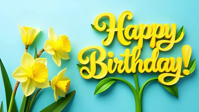 yellow daffodils on blue background with appearing happy birthday lettering as a flower