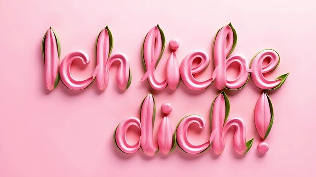 pink tulips on pink background with appearing ich liebe dich lettering in german language