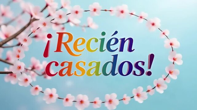 sakura petals spinning in the air and forming spanish recien casados lettering in floral circle