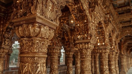 Intricately carved golden pillars in an ornate temple or historical building with detailed craftsmanship and rich decorations.