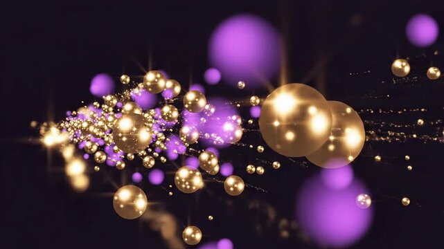 Abstract motion graphic loop of shimmering golden and soft purple bokeh spheres floating and transitioning seamlessly in the darkness sparkle, festive, wedding