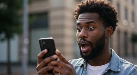 Surprised man reacting to unexpected news on smartphone