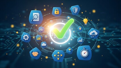 Digital Verification Success Concept with Security Icons in Futuristic Tech Environment