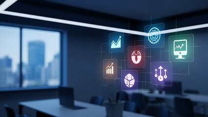 Digital Business Growth Icons Hovering Over Modern Office with Blue Lighting and City View