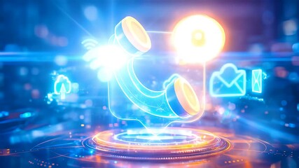 Unified Digital Communication Hub With Holographic Phone Receiver Chat Messaging And Real Time Connectivity In Neon City Night - Powered by Adobe