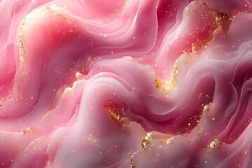 Gentle pink liquid waves with shimmering gold flakes create a soft, luxurious, and ethereal flowing pattern