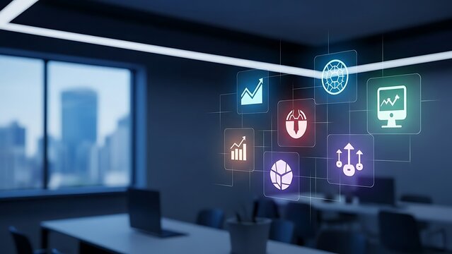 Digital Business Growth Icons Hovering Over Modern Office with Blue Lighting and City View - Powered by Adobe