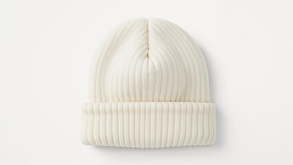 White knitted beanie hat with ribbed texture. Accessories and fashion, cozy and warm clothing. The concept of winter apparel and headwear.