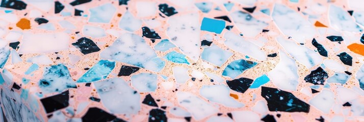 Fototapeta premium terrazzo surface textured with white, gray, black, and blue stone chips. An ideal background for general contractor estimates, luxury bathroom design mockups, and tile installation service ads