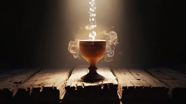 Glowing chalice with light particles on wooden table in dark scene