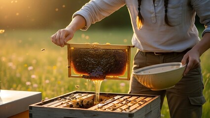 beekeeper extracting honey from hive.