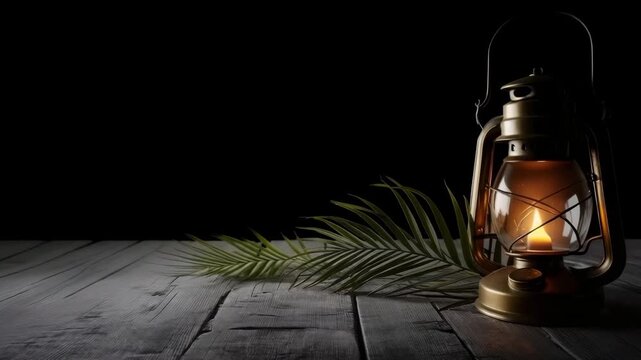 Lantern with lit candle and plant leaves in dark interior with slow zoom
