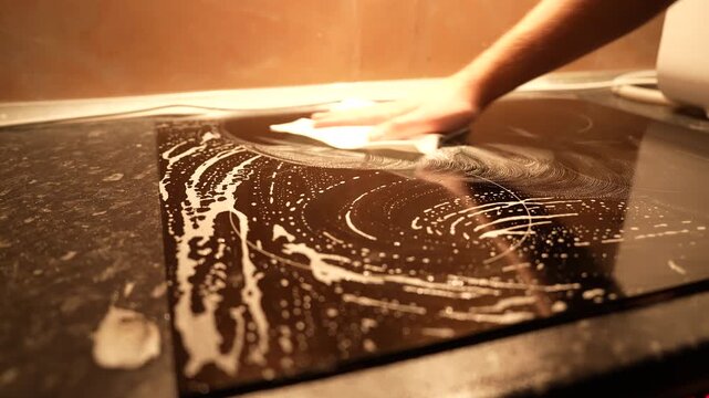 Top medium angle view of black induction stove being cleaned with foaming spray, male hand scrubbing surface, warm kitchen lighting, cleaning and household concept