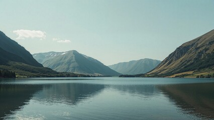 Scenic mountain landscape with a calm lake in the foreground and mountain ranges in the background.