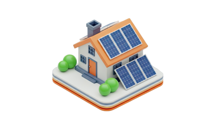 Cartoon House with Solar Panels and Green Spheres
